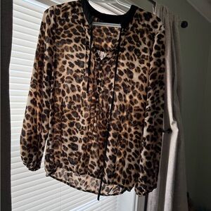 New York & Company Leopard Print Blouse with Black Accents